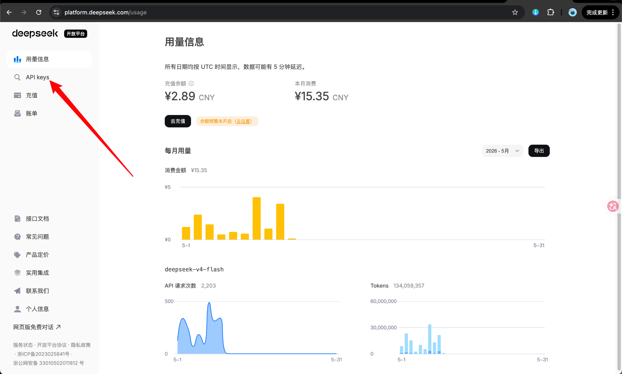 步骤2：进入 DeepSeek 平台并点击 API keys
