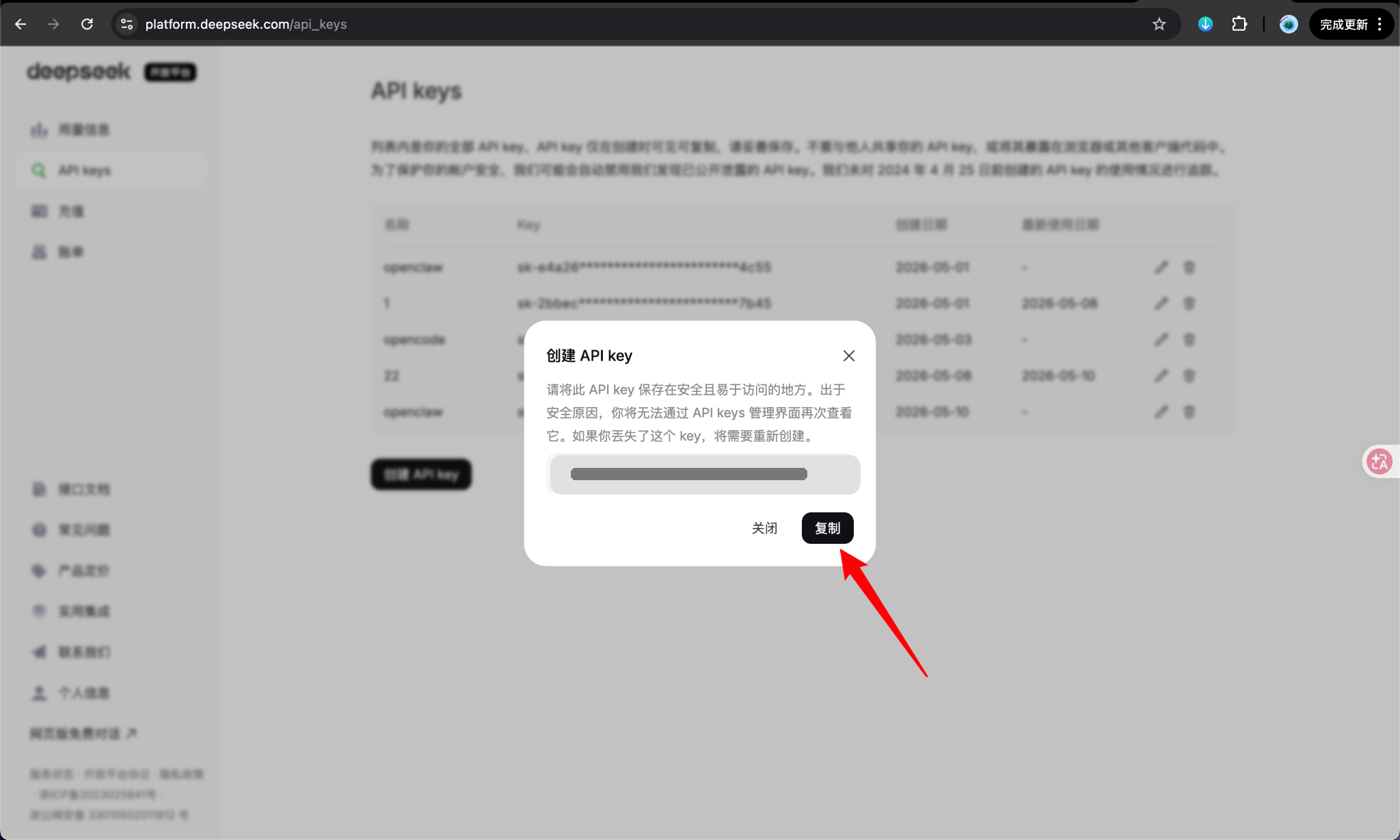 步骤4：复制 API key